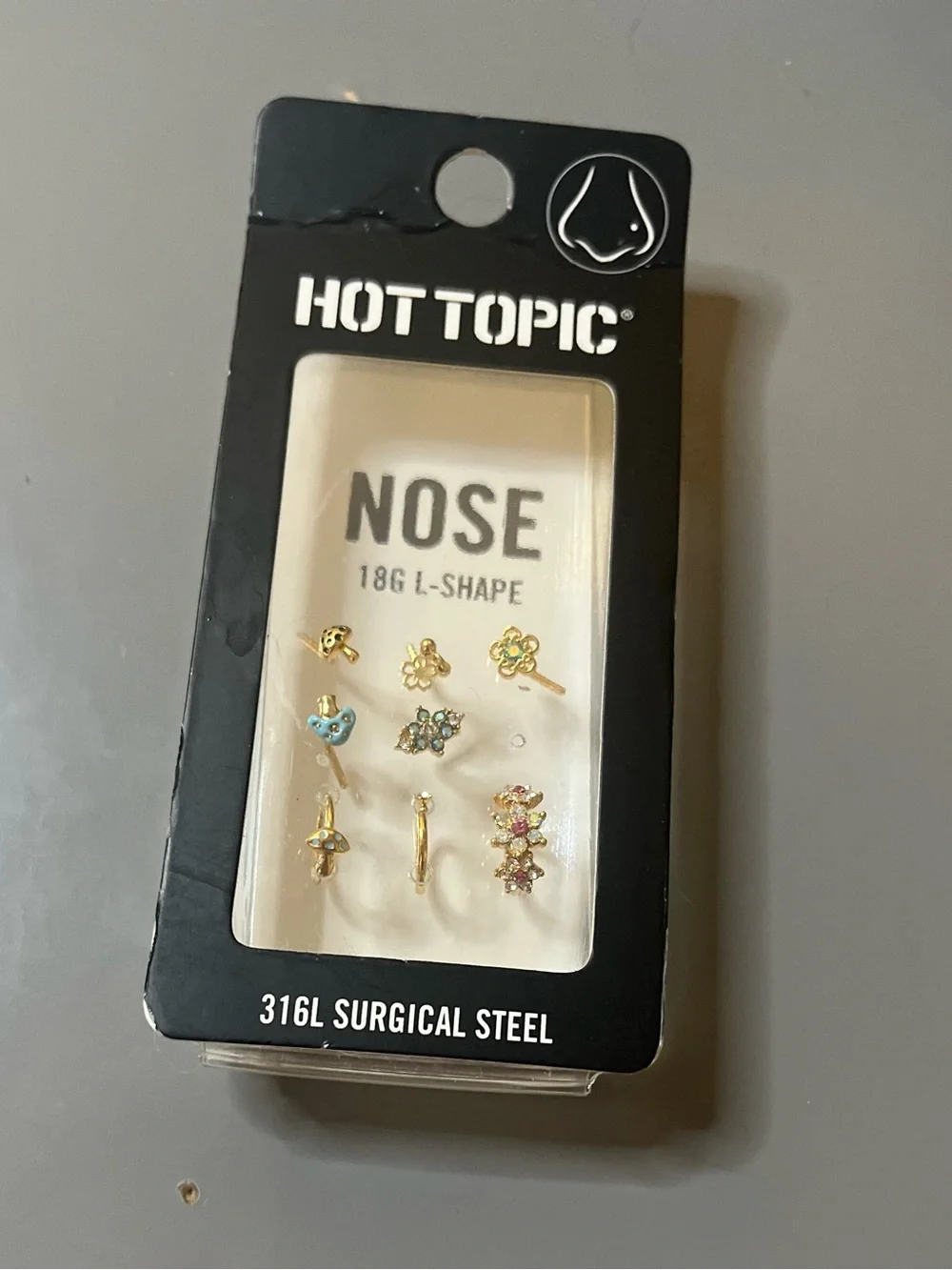 Hot Topic Nose Stud Set 9 Pack 18G L-Shape Gold Butterfly Mushroom NWT